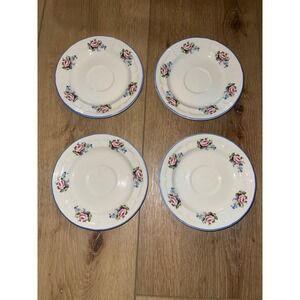 Perugino Stone Ware China Pink Rose Floral Saucers Blue Rim Set of 4 6.25"